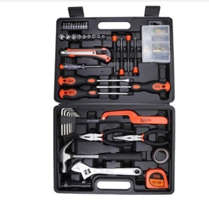 Hand Tool Kit, Wrenches, Screwdrivers, Hammer, Allen Keys, Electrical Tester, Durable Kitbox, Ideal for Home and Professional Use, Portable, Orange/Black - BMT126C
